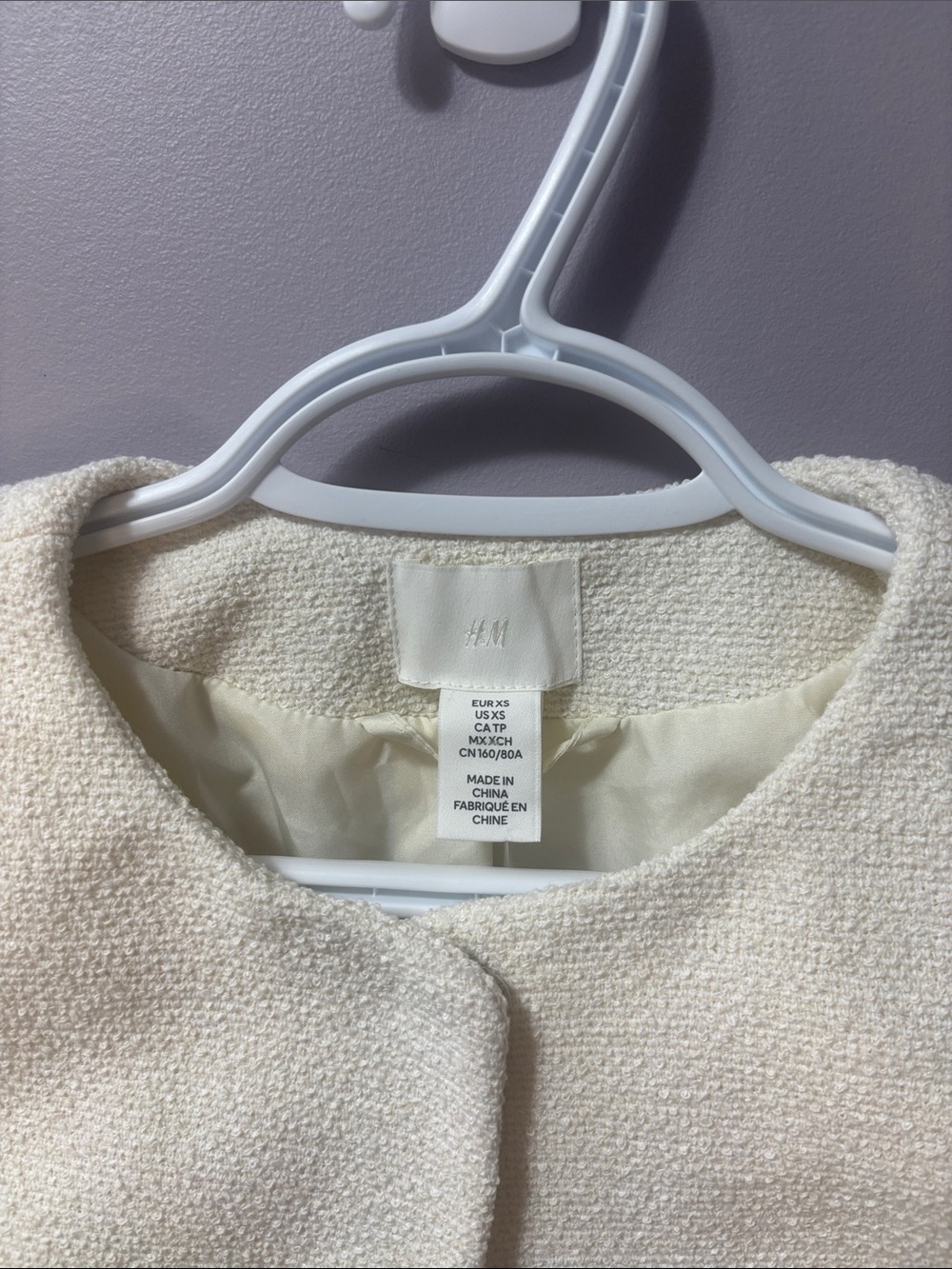 NWT H&M Cream Short Jacket | Bouclé Tweed Cropped Collarless Snap Button | XS - Picture 4 of 10